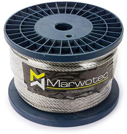 Marwotec - Fune metallica in acciaio inox, 50 metri, 3 mm, diametro su rotolo, struttura 7 x 7, secondo DIN 3055, in acciaio inox, con superficie liscia, carico di rottura: 517 kg