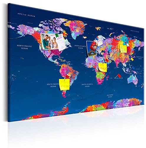 murando - Tableau à Épingles et Peinture sur Toile Combinés 90x60 cm - Avec Crochets Clous et Punaises Argentées - Panneau en Fibres pour Notes et Affichage - Carte du monde k-A-0134-v-a