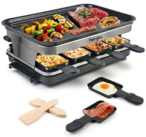 Raclette Grill 8 Personen Grillplatte Antihaftbeschichtet, Raclette mit 8 Mini Raclette Pfännchen & 4 Holzspatel, Stufenlos Regulierbare Temperatur, 1500W, Edelstahl