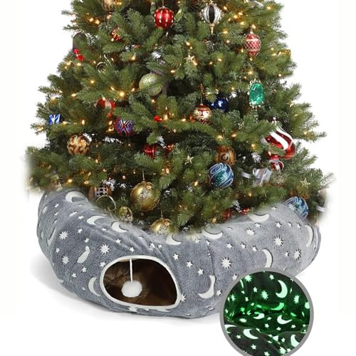 LUCKITTY Katzentunnel-Bettschlauch mit Kissen und Plüschball, Spielplatz, zusammenklappbar, selbstleuchtend, Flanellstoff, 91 cm, für große Katzen, Kätzchen, kleine Tiere, Welpen, grauer Mondstern