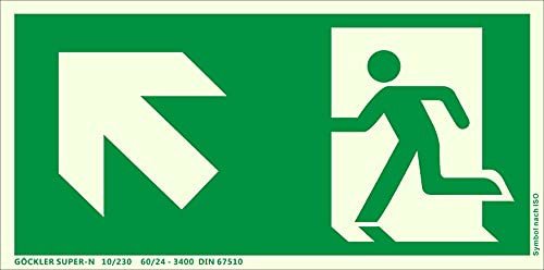 Hochwertiges Notausgangsschild Rettungsweg LINKS AUFWÄRTS Symbol-Schild,Gr.: 300 x 150 mm, langnachleuchtende Kunststoffplatte mit selbstklebender Schaumschicht grün SUPER-N DIN 67510