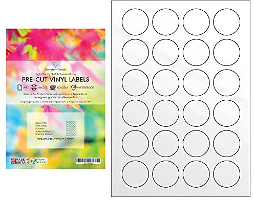Evergreen Goods Runde wasserfeste Aufkleber-Etiketten, 40 mm, (24 Etiketten pro Blatt, 240 Stück, 10 Blatt) | selbstklebende Rückseite, glänzend | für Tintenstrahldrucker