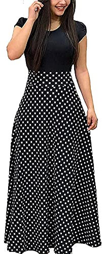 Minetom Femmes Robe De Plage Longue Decontractée Imprime Manche Courte ÉTé Maxi Grande Taille D Point Ondulé Noir S