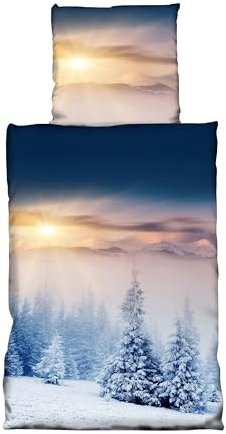 Leonado Vicenti Warme Thermofleece Bettwäsche 2 teilig 135x200 cm Winterlandschaft Blau Wende Bettwäsche Winter