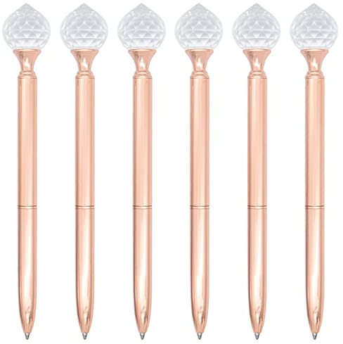 Gullor 6 pièces Crystal Drop Diamond Stylos à bille rechargeables métalliques rétractables, or rose