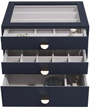 Stackers Navy Pebble Classic Jewellery Box - Set of 3 (with drawers)