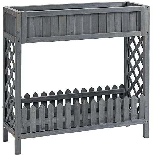 Outsunny Jardinière sur Pied Potager avec étagère barrière - pans latéraux Treillis - dim. 90L x 30l x 90H cm - Bois Sapin Gris
