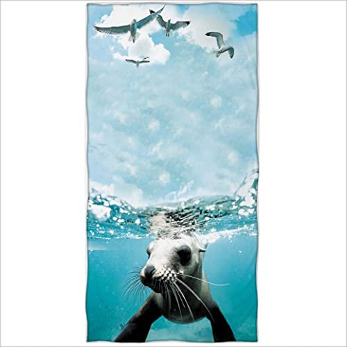 Zomer Strandtuch 70x140cm,Bedrucktes Mikrofaser Badetuch-Siegel Robbe Blau
