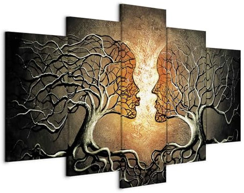 B&D XXL - Wandbilder XXL Bäume Kuss 150x75 cm 5 tlg Wand Deko Leinwand Bilder Groß Bilderset Wohnzimmer Bild Schlafzimmer Kunstdrucke Leinwandbild - Abstrakt Liebe Gesichter Zweige Braun h-A-0086-b-p