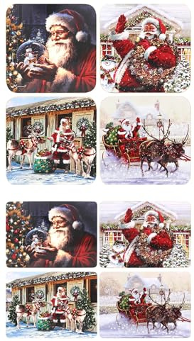 Christmas Santa Placemats & Coasters, Set of 4 Each, Cork Backed | 4 Santa placemats and 4 matching coasters with assorted festive designs, cork backing and easy wipe-clean surfaces