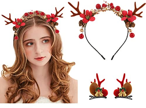 IYOU Serre-tête de Noël avec pinces à cheveux en bois de renne rouge, baies rouges, pommes de pin, accessoires de cheveux pour adultes et enfants