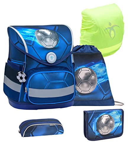 Belmil ergonomischer Schulranzen Set mit Regenschutz 5 -teilig für Kinder 1-4 Klasse Grundschule/Brustgurt/Magnetverschluss (Football 4)