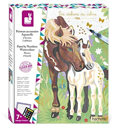 Janod - Coffret Peinture Par Numéro Chevaux - 2 Tableaux à Réaliser - Aquarelle - Les Ateliers du Calme - 7 Ans, J07953