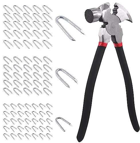 Swpeet 151Pcs 10 Inch Fencing Plier with Hammer Head and 3 Sizes 3/4 5/6 3/2 Steel Wire Staples Set, Nail Puller Pliers, Staple Puller for Installing, Maintaining and Repairing Wire Fences