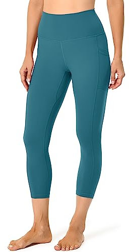 Colorfulkoala Capri Leggings Damen 3/4 mit Taschen Blickdicht Scrunch Bauchweg Yogahose Sportleggins, Grünblau, S, 36 38