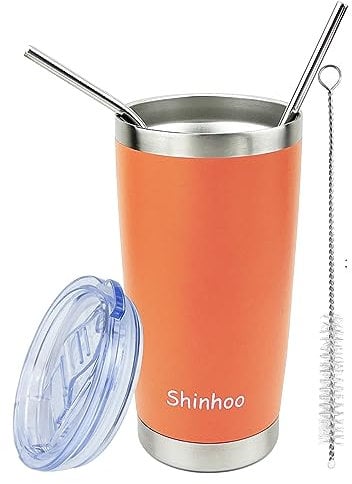 Shinhoo 20oz/ 550ml Tumbler with Straw and Lid, Double Wall Vacuum Insulated Thermal Coffee Flask Travel Mug Stainless Steel Reusable Cup for Hot Cold Drinks, BPA Free (Orange)