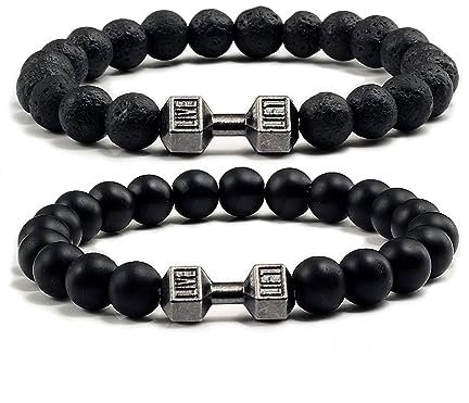 POYAMUSE Perlen-Armband mit Hantel-Charm, Lavasteinen, Perlen, Strang-Armband – für Fitnessstudio-Dekoration, Schmuck, Medium, Metall, Metall