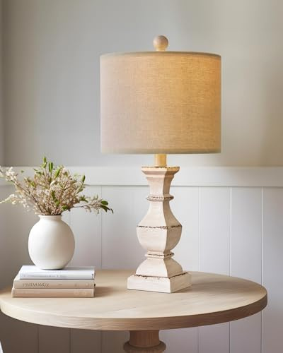 WIAONE PoKat 20.5 Farmhouse Table Lamp, Vintage Bedside Lamps for Bedroom, Rustic Small End Table Lamps for Living Room, Traditional Nightstand Desk Lamps Distressed Washed White