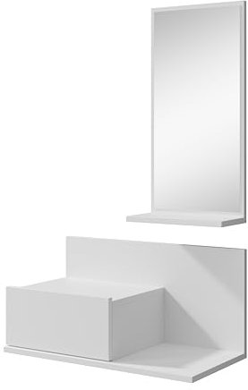MB Muebles Bonitos, Meuble d’Entrée Mural Isabela avec Miroir et Tiroir, Design Moderne Ssuspendu, Mélamine Mate, Couleur Blanc, 60x29.5x30 cm