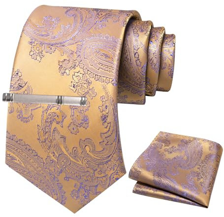 JEMYGINS Herren Paisley Krawatten set mit Krawattenklammer und Einstecktuch,Eiche hellbraune Toffeefarbe