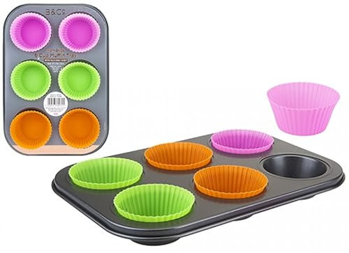 Muffinblech-Set für 6 Tassen, antihaftbeschichtet, 27 cm x 19 cm, inkl. lebhaften Silikonhüllen (2 grün, 2 rosa, 2 orange), leicht zu reinigen, langlebige Backform für perfekte Muffins und Cupcakes,
