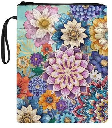 Poceacles Buchhülle mit Bohemian-Blumendruck, Buchhülle für Buchliebhaber, Buchschutz mit Reißverschluss, waschbarer Stoff für Teenager, Erwachsene, Buchliebhaber, Lehrer
