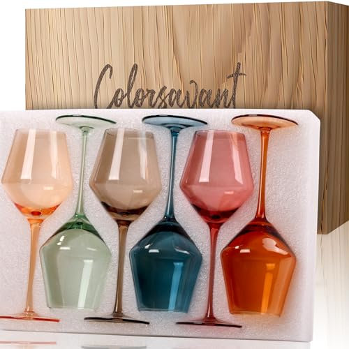 Colorsavant Colored Wine Glasses Set of 6-16oz Colorful Wine Glass with Stem【HandBlown】 Muted Wine Glasses Colored Set,Wine Gifts for Birthday Women Party