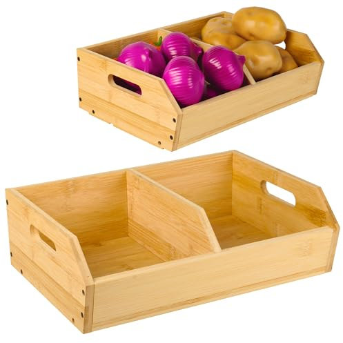 Alyoen 2er Set Zwiebel Kartoffel Aufbewahrungsbox,Stapelbare Obstkiste Bambus Holz mit Griffen,Kitchen Organizer für Aufbewahrung Kartoffeln Zwiebeln Knoblauch