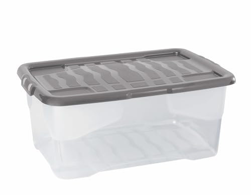 Strata 9 x 42 Litres Curve Plastic Stackable Storage Box & Lid with clip-on lids, 9 Pack, Multi storage box for home and office storage solution Clear Box, Grey Lid, (25cm H x 40cm W x 60cm D)