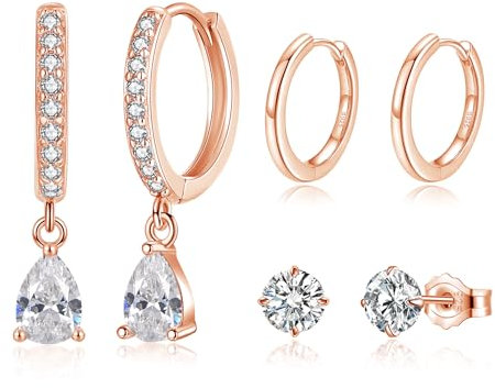 Loutade 925 Sterling Silber Creolen Set - 3 Paare Ohrringe Mit Zirkonia Ohrstecker & Wassertropfen Anhänger - Klein Schlafen Rose Gold Stecker