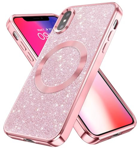 GaoBao Magnetic Designed for iPhone X Case, iPhone XS Case, Slim iPhone X/XS Case [Compatible with MagSafe] Sparkle Luxury Shockproof Anti-Slip Women Girl Bling Phone Cover 5.8, Glitter/Pink