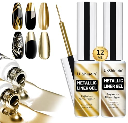 U-Shinein 2x12ml vernis à ongles pour peinture métallique, gel de peinture pour peinture métallique en cuivre doré, gel de vernis à ongles, vernis à ongles UV avec pinceau mince intégré