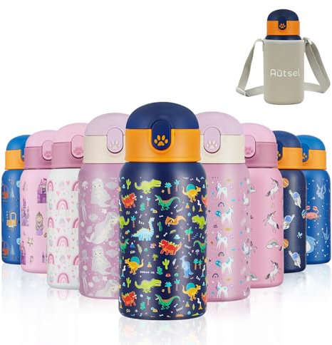 Autsel 500ml Gourde Isotherme Enfant avec Paille Bouteille Isotherme Étanche avec Sac Transport Bleu Dinosaure Gourde Bouteille d'eau en Acier Inoxydable sans BPA pour École Sport Maternelle