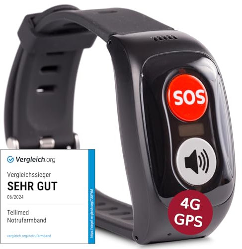 tellimed Carino 4G GPS Notfallarmband Senioren mit GPS Ortung, Telefonfunktion, SIM Slot & ohne ABO - Senioren Notruf Armband & Notrufknopf für Senioren & Erwachsene