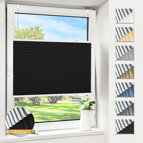 Magiea Plissee ohne Bohren verdunkelung, Thermo Plisseerollo Klemmfix, Schwarz 95x110cm(BxH), Verdunklungsplissee 100% lichtundurchlässig, Faltrollo für Fenster, Sichtschutz Sonnenschutz