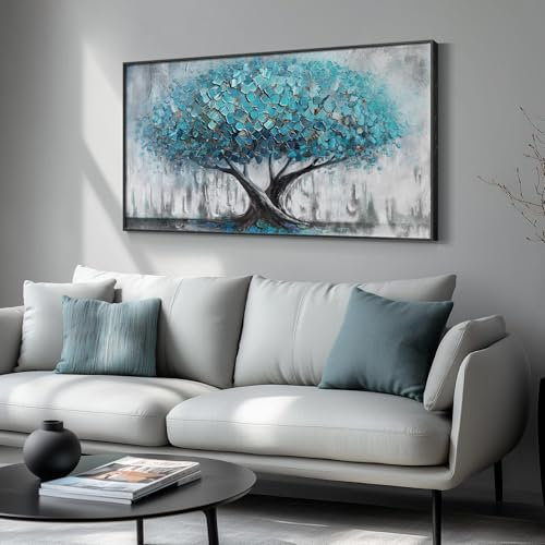 Large Framed Tree of Life Wall Art, Modern Blue Tree Canvas Prints, Big Nature Artwork for Living Room, Bedroom, Dining Room, Hallway, Fireplace, or Office Wall Decor