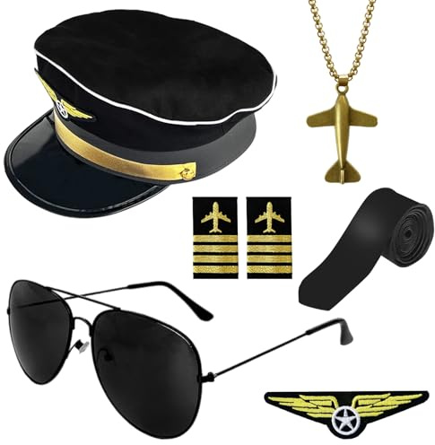 Qyyiguf 6 Pcs Airline Pilot Captain Costume Kit with Aviator Sunglasses,Pilot Costume Accessories Set for Aviation Halloween Dress Up