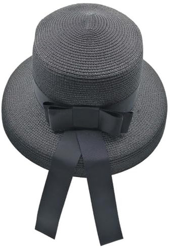 Chapeaux de soleil panama pour femme vintage à large bord uni élégant chapeau de paille rond chapeau de plage (noir)