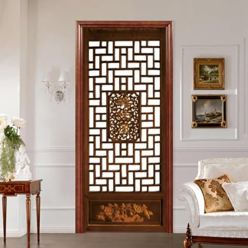 Sticker Porte Porte En Bois Papier Peint Porte Style Chinois Rétro 3D Stickers de Porte Trompe l'Oeil Autocollant de Décoration pour Porte Mural Salon Chambre Poster Porte 77x200 cm a.722