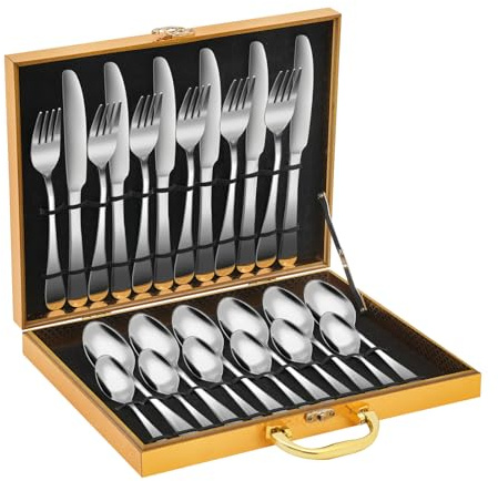 Garbenat Edelstahl Besteck Set 24 Stück Besteckset Elegantes Cutlery Set für 6 Personen Essbesteck Set mit Esslöffel, Teelöffel, Essgabel, Essmesser und Transportkoffer Spülmaschinenfest (Silber)