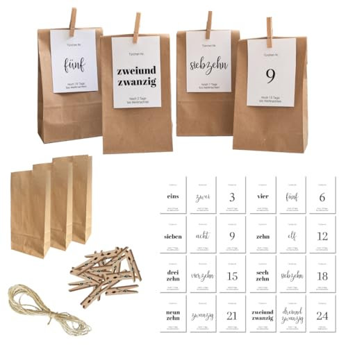 PuK Adventskalender zum Befüllen | 24 Tüten zum Selbstbefüllen | Karten schwarz weiß zum Beschreiben | Adventskalender mit Tüten | selber basteln | DIY Adventskalender Erwachsene (Set)