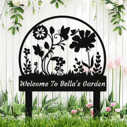 Personalized Flowers Yard Stake Custom Butterfly Floral Garden Sign with Stakes, Customized Flowers Garden Plaque Sturdy Metal Lawn Yard Sign For Outdoors