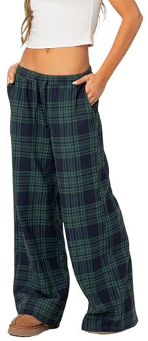 Fiacafyo Pantalon décontracté à carreaux pour femme - Pantalon de pyjama taille haute avec poches - Pantalon gothique grunge à jambes larges - Streetwear, a-bleu, M
