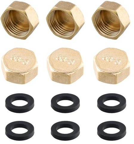 6 Pièces Bouchons Laiton Brut, Filetés en Laiton avec Filets Intérieurs et Extérieurs, Filetés Hexagonaux en Laiton, Bouchons Filetés avec Joint en Caoutchouc pour Robinets de Radiateur