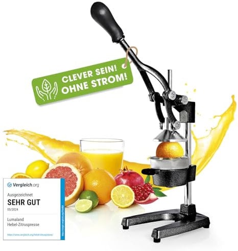 Lumaland Estrattore di Succo Manuale, Spremiagrumi in Ghisa, Senza Sforzo, Pressa Professionale per Frutta e Verdura Arance, Limone, Agrumi, Pompelmo, Melograni, Slow Juicer, Facile da Pulire, Nero