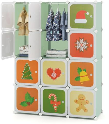 COSTWAY 8/12 Cube Children Clothes Closet, Cartoon Modular Wardrobe with Hanging Sections, Kids Storage Unit for Children Room, Nursery, Bedroom