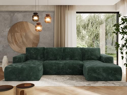 MKS MEBLE Sofa Grün mit Schlaffunktion - Ecksofa mit Schlaffunktion und Bettkasten - Couch - Schlafsofa mit Bettkasten - Trentino U - Grün Cord