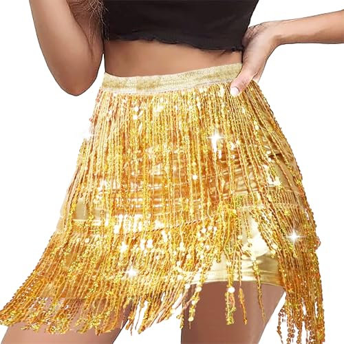 MUNAFIE Pailletten Rock, Glitzer Rock Damen, Pailettenrock für Damen Fransen Röcke Rave Festival Outfit Gold-L