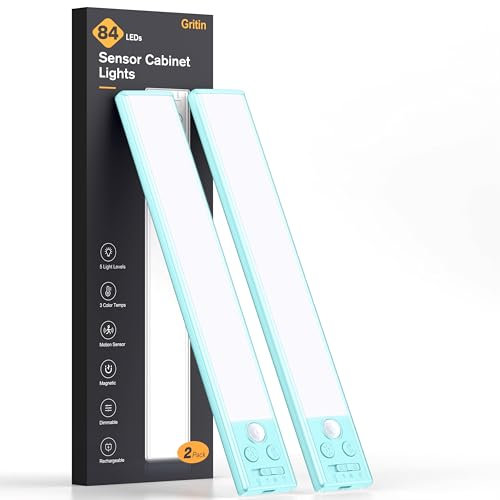 Gritin Lampe de Placard- 84 LED Super Lumineuses,3 Couleurs&5 Luminosités,4 Modes,Capteur de Mouvement, Rechargeable 1800mAh Longue Durée -Installation Facile Lampe d'Armoire Magnétique,Bleu