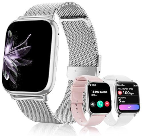 Smartwatch Damen, 1.83 Touchscreen Fitnessuhr, mit Telefonfunktion Smart Watch Fitness SpO2 Blutdruckmessung Schlafmonitor Pulsmesser Schrittzähler 120+ Sportmodi, für Android iOS (Silvery)